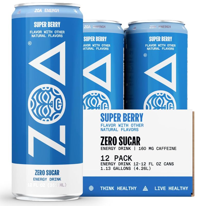 Photo 1 of ZOA SUPER BERRY Sugar Free, Low Calorie Energy Drinks | Healthy B & C Vitamins | Electrolytes for Hydration | 160mg Caffeine from Green Tea | 12 Fl Oz Cans (12 Pack) - BBD 07-19-24