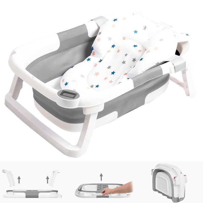 Photo 1 of Collapsible Baby Bathtub,Baby Bath Tub with Soft Cushion & Thermometer,Baby Bathtub Newborn to Toddler 0-36 Months,Portable Travel Baby Tub,Gray