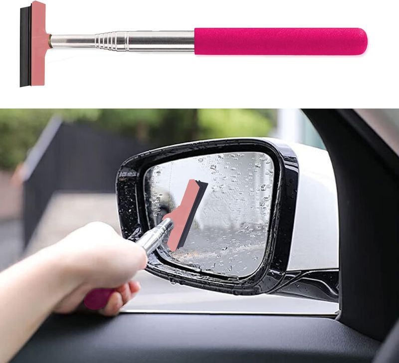 Photo 1 of Car Rearview Mirror Wiper Telescopic Auto Mirror Squeegee Cleaner, Retractable Rear-View Mirror Wiper Snow Brush and Ice Scraper, Telescopic 98cm Long Handle Car Cleaning Tool (Pink)
