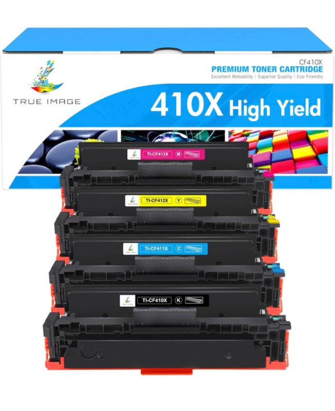 Photo 1 of TRUE IMAGE Compatible Toner Cartridge Replacement for HP 410X 410A CF410X CF411X CF412X CF413X to use with Color Laserjet Pro MFP M477fdw M477fdn M477fnw Pro M452dn M452nw M452dw Toner Ink (4 Pack)