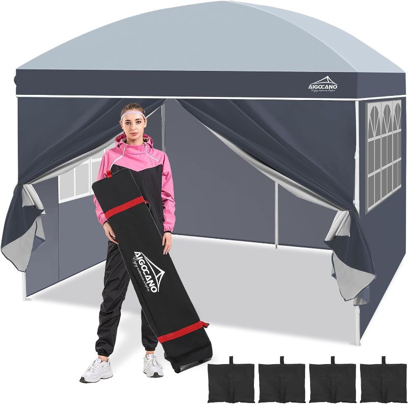 Photo 1 of AIGOCANO Pop up Canopy Tent with 4 Sidewalls,10x10 Deluxe Dome Gazebo for Camping,Garden and Patio with Roller Bag,4 Sandbags,4 Ropes, 8 Stakes(Grey)