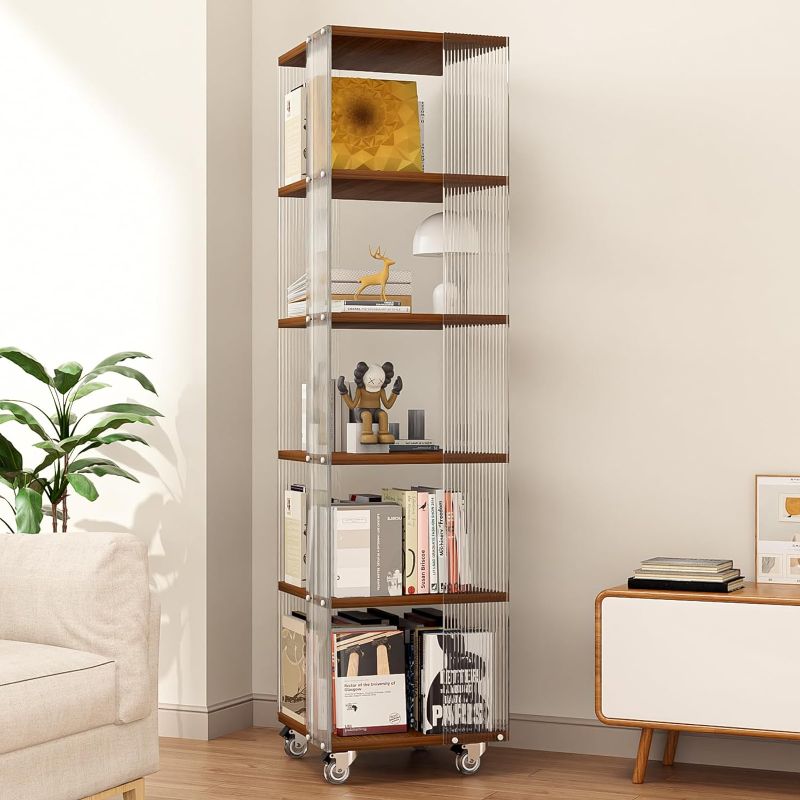 Photo 1 of 5-Tier Acrylic Book Shelf with Wheels, Mobile Tall Bookcase, Modern Unique Bookshelf Tower, Visible Display Shelf, 360° Rotating Bookshelf Organizer for Home Office Living Room, Walnut
