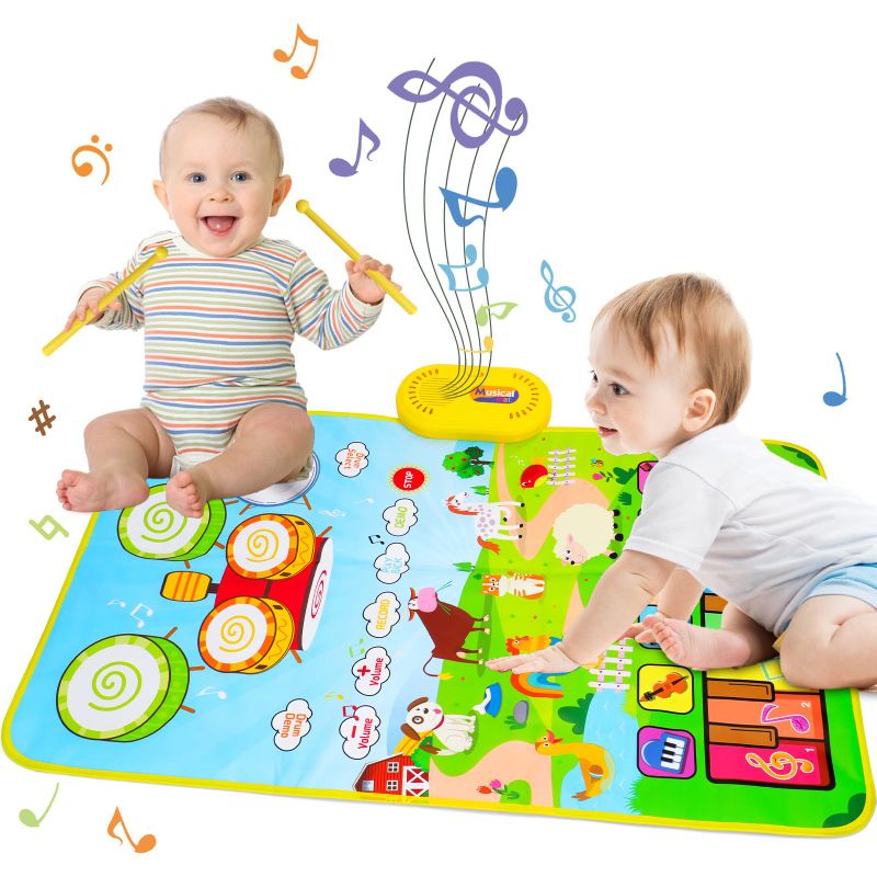 Photo 1 of Baby Piano Mat Musical Toys - 2 in 1 Piano and Drum Set for Toddlers, Kids Play Mat with 2 Drum Sticks for 3+ Year Old Girls Boys