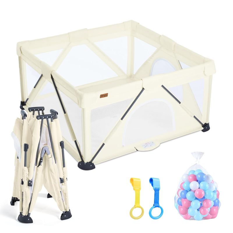 Photo 1 of Baby Playpen Foldable, Playard for Babies and Toddlers, Portable Playpen Activity Center +2 Handles for Travel, Indoor & Outdoor Play Pen with Mesh 50''x50''(Beige)
