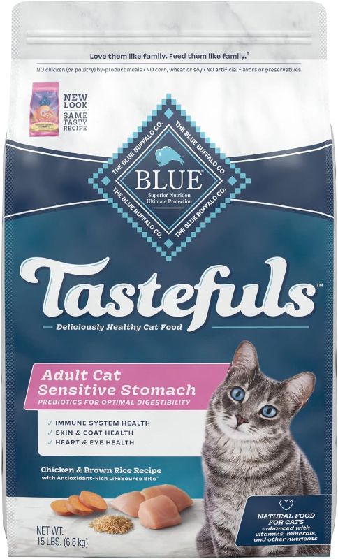 Photo 1 of Blue Buffalo Tastefuls Natural Dry Food for Adult Cats, Sensitive Stomach, Chicken & Brown Rice Recipe, 15-lb. Bag
