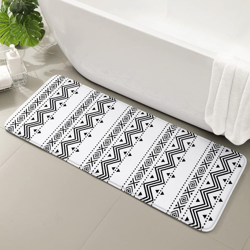 Photo 1 of BYSURE Black and White Printed Runner Rugs, Non Slip Farmhouse Bath Mat, Absorbent Washable Microfiber Rug (Greometric Wave, 17x47)
