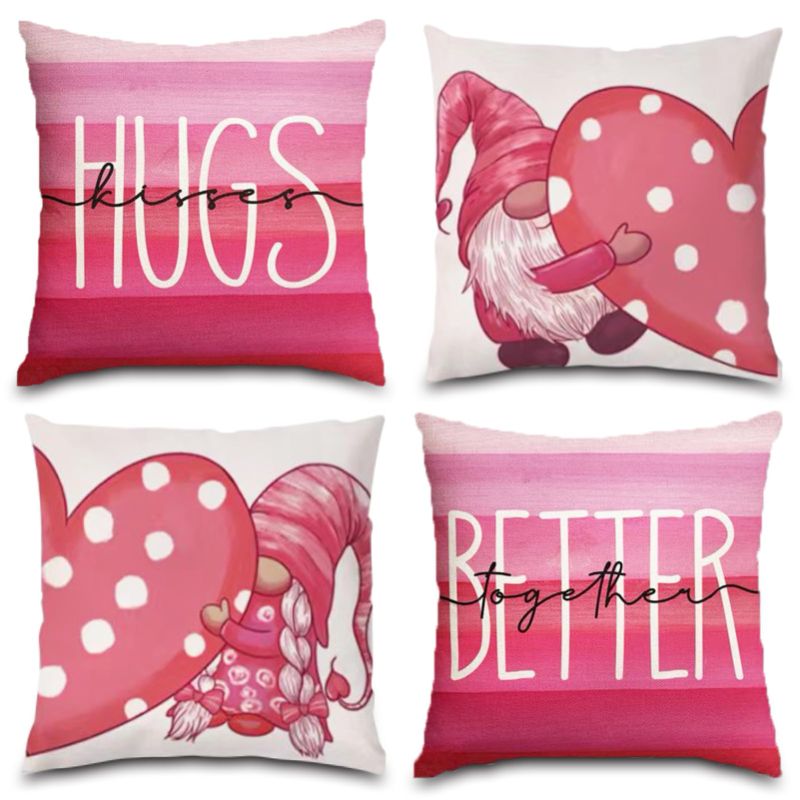 Photo 1 of BKHEY Valentines Day Pillow Covers 18x18 Set of 4, Pink Dwarfs Dots Hearts Love Hugs Kisses Valentines Day Throw Pillowcase, Holiday Home Decorations for Couch Sofa Living Room (Pink)