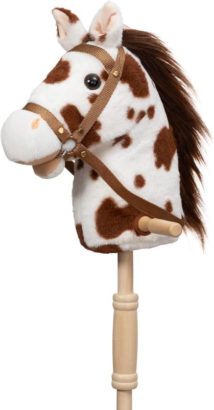 Photo 1 of HollyHOME Outdoor Stick Horse with Wood Wheels Real Pony Neighing and Galloping Sounds Appaloosa Plush Toy 36 Inches(AA Batteries Required)
