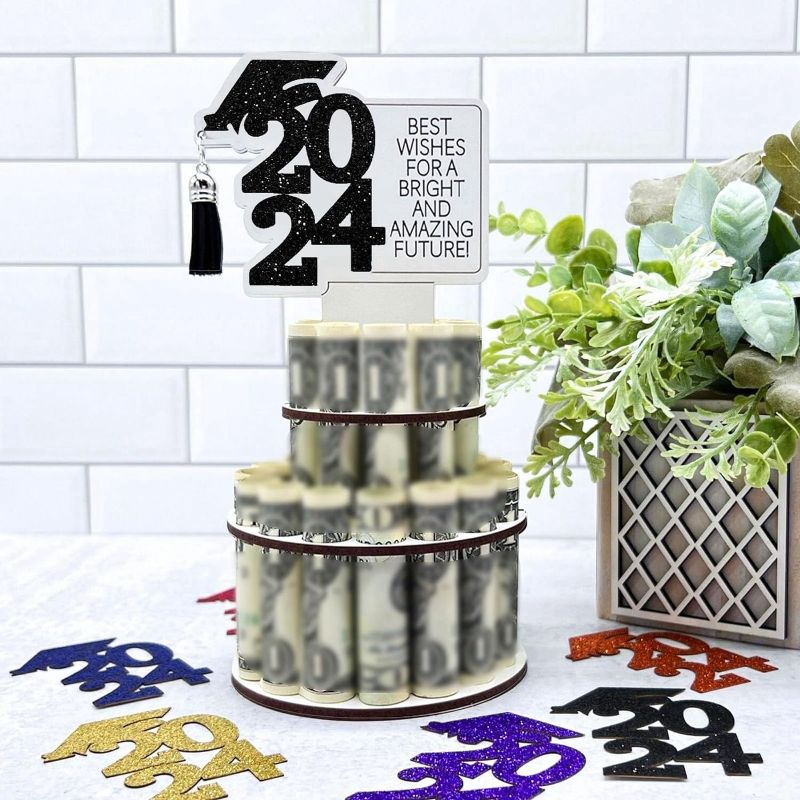Photo 1 of 2024 Graduation Gift Money Holder, DIY Double-Layer Cash Holders with 25 Holes, Congrats Grad Card Holder Money Cake for Graduation Party (Black)
