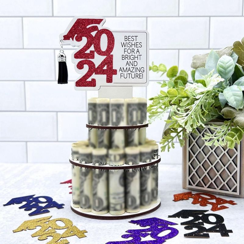 Photo 1 of Graduation Gift Money Holder 2023 Tower Wood Graduation Party Decoration Gift, DIY Double-Layer Cash Holders 25 Holes 