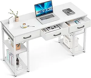 Photo 1 of ODK Office Small Computer Desk: Home Table with Fabric Drawers & Storage Shelves, Modern Writing Desk, White, 48"x16"