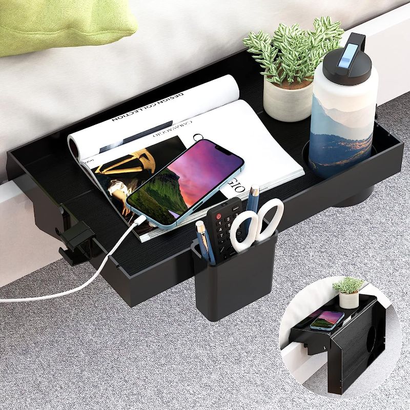 Photo 1 of SOLEJAZZ Bedside Shelf, Foldable Bunk Bed Shelf Clip On Nightstand Tray College Dorm Room Essential Table Caddy with Cup & Cord Holder for Top Bunk Organizer Bedroom, Normal Size, Black
