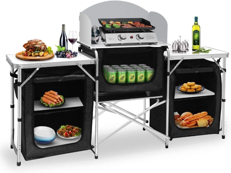 Photo 1 of Camping Kitchen Table Aluminum Portable Folding Cooking Table Outdoor Foldable Camp Table with Windscreen & 3 Storage Cupboards for BBQ, Beach Party, Picnics and Outdoor Activities Black