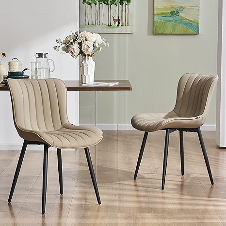 Photo 1 of YOUNUOKE Khaki Dining Chairs Set of 2 Upholstered Mid Century Modern Kitchen Chairs Armless Faux Leather Side Chair with Padded Back Metal Legs for Living Room Bedrooms