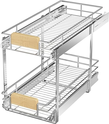 Photo 1 of 2 Tier Pull Out Cabinet Organizer, Slide Out Drawers with Wooden Handle, Sliding Shelves Organization and Storage for Kitchen, Pantry