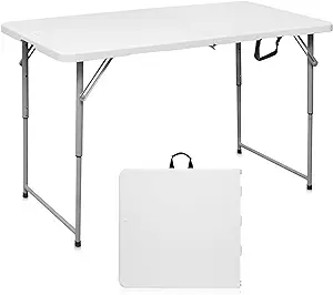 Photo 1 of Folding Table 4 Foot Portable Heavy Duty Plastic Fold-in-Half Utility Table Small Indoor Outdoor Adjustable Height Folding Table with Carrying Handle, Camping and Party,White
