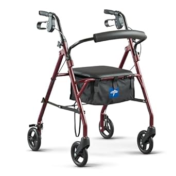 Photo 1 of Medline Rollator Walker with Seat, Steel Rolling Walker with 6-inch Wheels Supports up to 350 lbs, Medical Walker, Burgundy