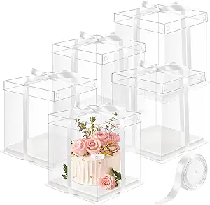 Photo 1 of Ocmoiy Tall Clear Cake Box 8×8×9 Inches, 5 Pack Clear Cake Box for 6 Inch Tier Cake, Disposable Cake Carriers for Transport, Clear Gift Display Boxes with Bow (White)
