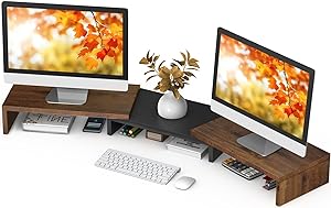 Photo 1 of TAVR Dual Monitor Stand Riser, Computer Monitor Stands for 2 Monitors, Extra Long Multifunctional Desktop Organizer Riser for Computer, Laptop, PC, Printer, TV, Max 48.2" Length, Rustic Brown