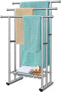 Photo 1 of 40" Tall Freestanding Towel Racks for Bathroom, 3 Tier Floor Towel Rack with Storage Basket, Blanket Ladder Drying and Display Rack for Large Bath & Hand Towel Outdoor Poolside (Silver)
