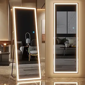 Photo 1 of LVSOMT Full Length Tall Floor Mirror with LED Lights, Free Standing, Lighted, Wall Mounted Hanging, Full Body Mirror w/Dimming & 3 Color Lighting for Bedroom (63"x16", White)