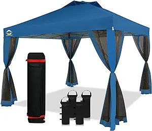 Photo 1 of CROWN SHADES 10 x 10 Foot Pop Up Gazebo Canopy Shelter, Outdoor Canopy with 4 Mosquito Net Sidewalls, Push Center Lock, and Wheeled Carry Bag, Blue