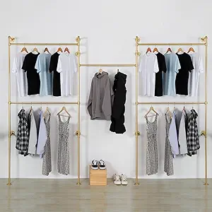 Photo 1 of Industrial  Clothing Rack Wall Mounted 5 Hanging Rods Garment Bar, Heavy Duty Closet Storage Rod Vintage Commercial Clothes Racks for Hallway Retail Boutique (Gold)