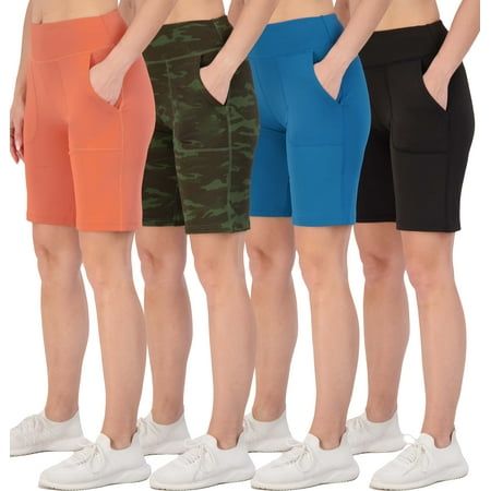 Photo 1 of 4 Pack: Women S 7 Bermuda Long High Waisted Shorts with Pockets - Casual Running Workout Athletic S