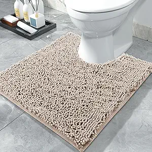 Photo 1 of Yimobra Toilet Rugs U-Shaped 24x24, Extra Soft and Absorbent Microfiber Bathroom Rugs, Non-Slip Plush Shaggy Toilet Bath Mat, Machine Wash Dry, Contour Bath Rugs for Toilet Base, Beige with Pink
