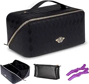 Photo 1 of Makeup Bag Travel Large Capacity Cosmetic Bag Make up Case Toiletry Bag for Women Portable Travel Makeup Organizer Bag for Girls Waterproof Leather Traveling with Handle and Divider
