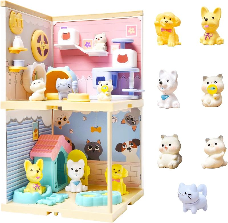 Photo 1 of Cat and Dog Pretend Playset for Kids, 48Pcs Pet Figurines Toys, Puppy Pretend Play Toys, Building Pet Dollhouse for Boys and Girls

