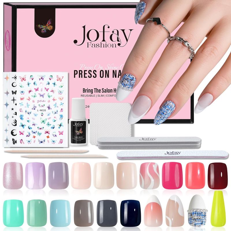 Photo 1 of 20Packs Gel Press on False Nails 480Pcs Fake Nails with Design Set Mixed 15 Solid Colors Press On Nails Short Glitter Gel Nail Tips Set with Nail Glue Nail File Buffer for Nail Art DIY
