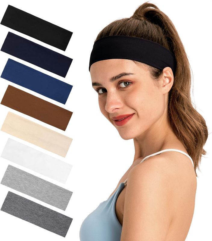 Photo 1 of Headbands for Women 8-Pack Vibrant Yoga & Sports Sweat Headbands - Cotton Stretchy Non-Slip Hair Bands 