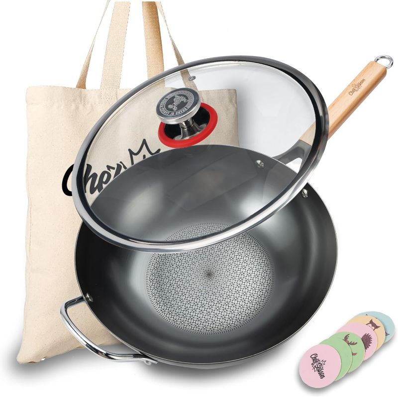 Photo 1 of ChefSeason Flat Bottom Carbon Steel Wok 12.6 inch, Un-coated & Pre-Seasoned Chinese Wok, Premium Frying Wok for Electric, Induction, Gas Cooktops, Free shopping bag 