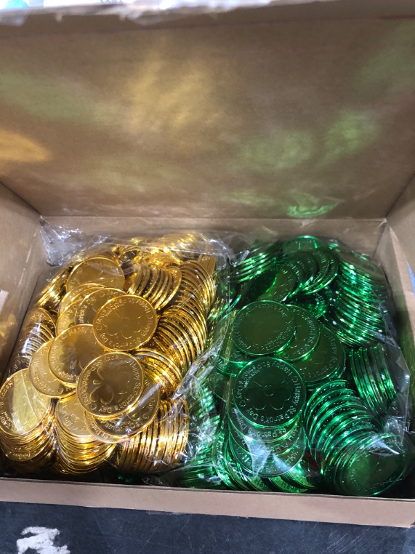 Photo 1 of Zhanmai 120 Pieces St. Patrick's Day Coins Shamrock Gold and Green Lucky Plastic Coins Table Scatter for St. Patrick's Day Party Favors