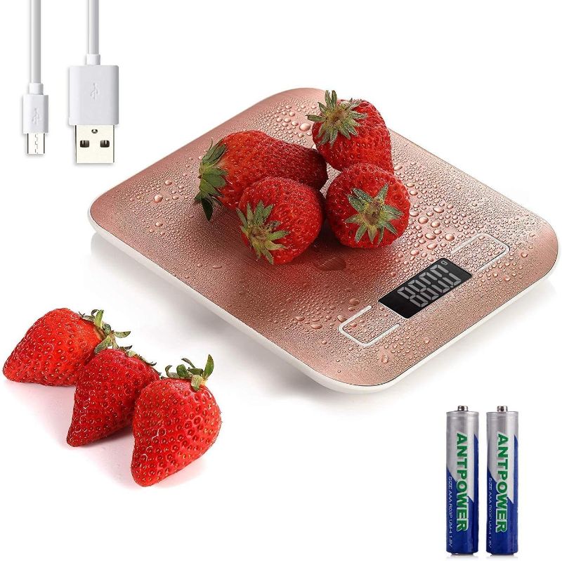Photo 1 of 5kg/11lb Digital Kitchen Food Scale USB Rechargeable Stainless Steel Ultra Slim Food Scale High Precision with 0.04oz/1g Division Tare & Auto Off Function LCD Display (Rose Gold) 