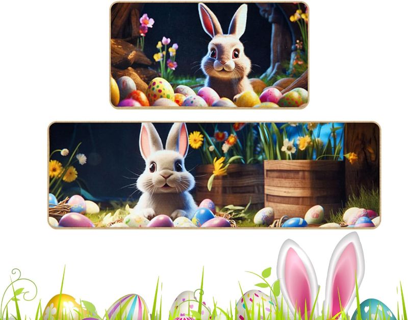 Photo 1 of TangFee Easter Kitchen Bunny Mats Set of 2, Easter Spring Rabbit Egg Mat for Home Decor Kitchen Floor Rugs, 16x30Inch and 16x47Inch Black 