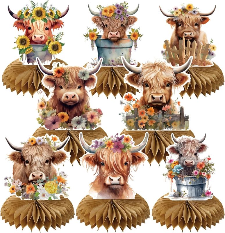 Photo 1 of Rngmsi Highland Cow Party Decorations - Highland Cow Birthday Party Table Decorations Chic Brown Highland Cow Flower Honeycomb Centerpiece Farm Highland Cow Baby Shower Party Decorations Supplies 