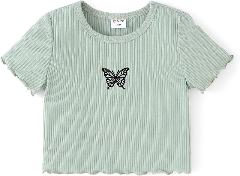 Photo 1 of PINK NOT GREEN PATPAT Girls Short Sleeve Rib-Knit Crop Top Graphic Tee Butterfly Round Neck T-Shirts SIZE 3T