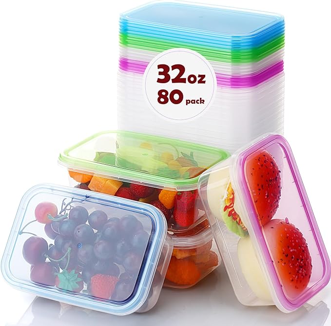 Photo 1 of 80 Pcs 32 oz Reusable Food Storage Containers with Lids Fruit Storage Containers Plastic Food Freezer Containers for Kitchen Storage Meal Prepare or Take Out, Microwave and Dishwasher Safe