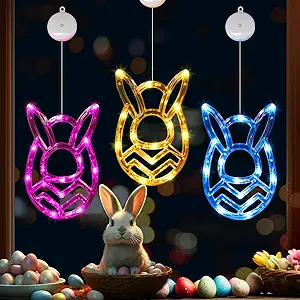 Photo 1 of HUKLIM Easter Window Lights-3 Pack Bunny Easter Egg Easter Decorations Indoor-Easter Decorations for The Home-Easter Window Lights Decorations with Suction Cup-(Battery Operated) 