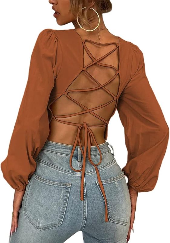 Photo 1 of LilyCoco Sexy Tops for Women Long Sleeve Backless Blouses Going Out Criss Cross Tie Back Crop Top Caramel Small