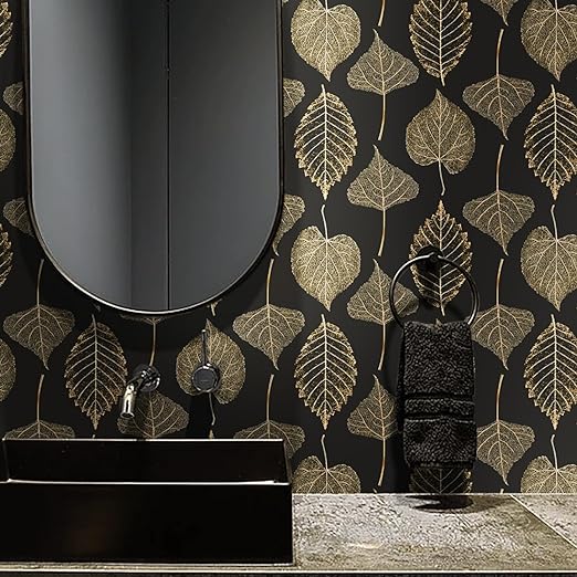 Photo 1 of Ismoon 16.1"x118"Peel and Stick Wallpaper Boho Black and Gold Wallpaper Leaf Textured Vintage Wallpaper Self Adhesive Wallpaper Removable Wallpaper Vinyl Thickened Waterproof Renter Friendly Wallpaper 