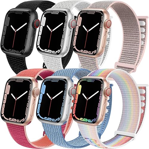 Photo 1 of 6 Pack Weave Nylon Band Compatible with Apple Watch Band 38mm 40mm 41mm 42mm 44mm 45mm 49mm for Women Men,Sport loop Velcro adjustable strap Compatible for iWatch Series 8/7/6/5/4/3/2/1/SE