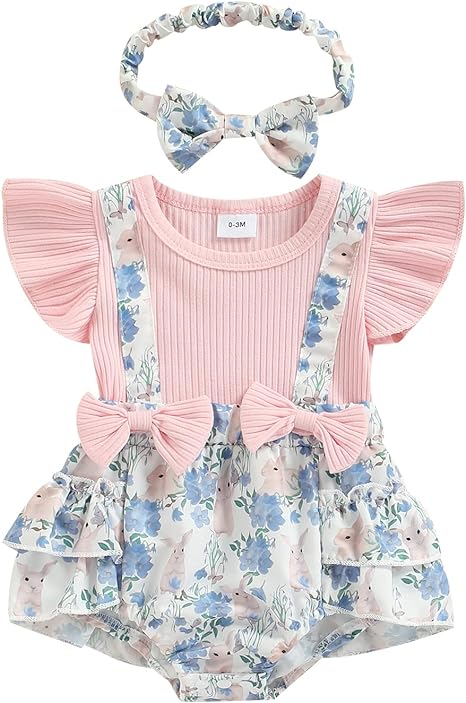 Photo 1 of Socutebabe Baby Girl Floral Romper Newborn Dress Ruffle Onesie Suspender Shorts Jumpsuit Cute Summer Clothes and Headband (A Bunny Print Pink, 3-6M 