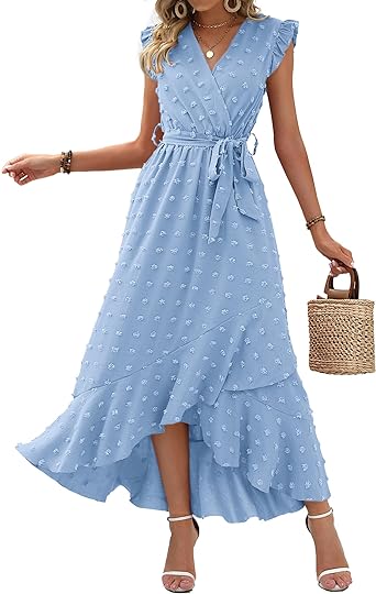 Photo 1 of BTFBM Women's 2024 Summer Wrap V Neck Dress Ruffle Sleeve Swiss Dot Boho Ruffle Slit Beach Party Flowy Long Maxi Dresses SIZE XL 