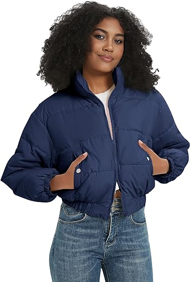 Photo 1 of Rousytn Women's Cropped Puffer Jacket Lightweight Zip-Up Padded Stand Collar Winter Down Coat SIZE XL 