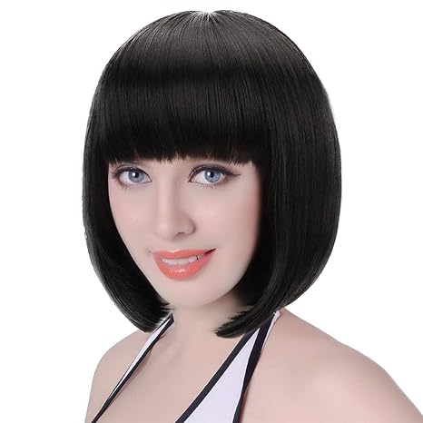 Photo 1 of STYLER Black Short Bob Wig with Bangs-13 Synthetic Straight Carnival Costume Party Cosplay Christmas Halloween Flapper Hair Wigs for Girls Women 