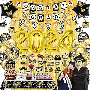 Photo 1 of 145 Pack Graduation Decorations Class of 2024, Black Gold Graduation Decor Party Supplies with Congrats Grad Banners, Curtian Props, Balloons, Tablecloth, Hanging Swirls, Cupcake Toppers, Sash