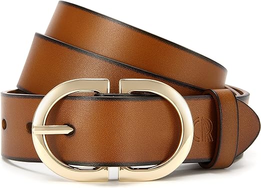 Photo 1 of  Womens Leather Belts for Jeans Pants - CR 1.3" Width Casual Ladies Belt - Fashion Center Bar Gold Buckle 